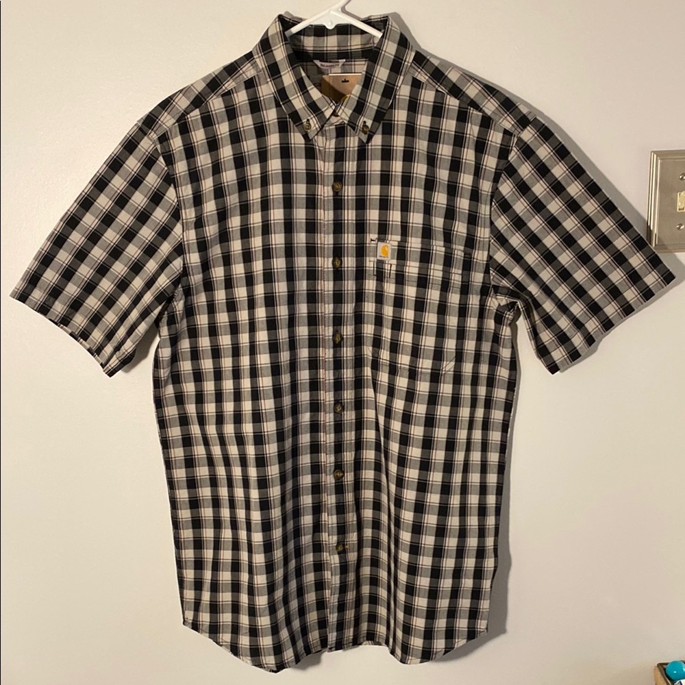 Carhartt Men’s Shirt NWT Medium Short Sleeve Button Down Black Plaid Relaxed Fit